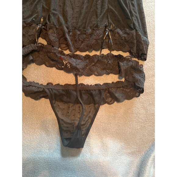 Bed of Roses Black 3X Lingerie Set Sheer Polka Dot Babydoll & Thong, Curvy, Lace - Picture 10 of 16